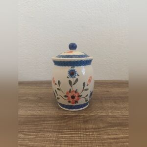 Floral Ceramic Jar with Blue Accents